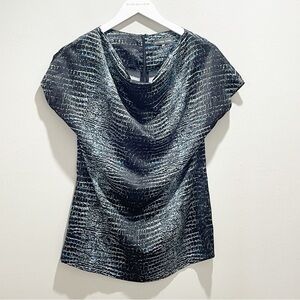 BUCHANAN KANG Women’s Black Blue Snake Reptile Print Silky Drape Neck Top Size 4
